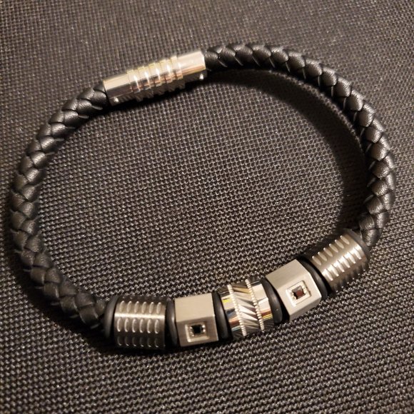 BlackJack Braided Leather Stainless Steel and Black Men's Bracelet - Picture 3 of 6